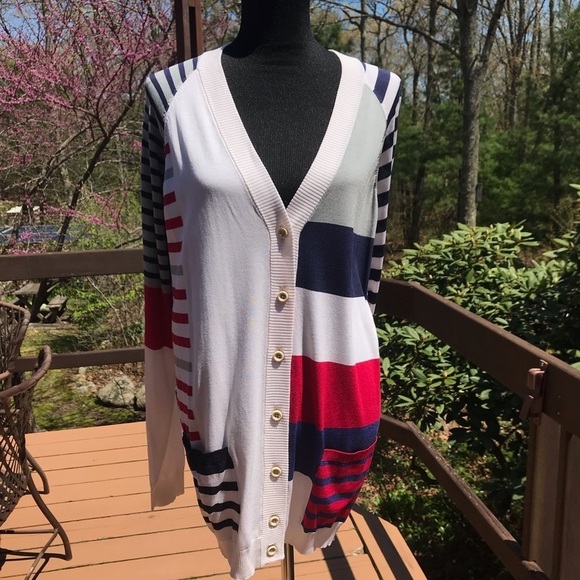 Bruno Manetti NWT Striped Colorblock Cardigan V Neck Red White Blue Large Silk - Picture 3 of 4